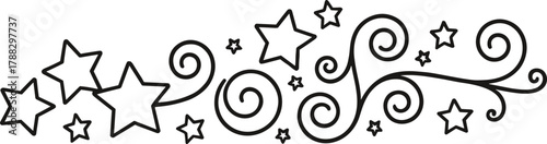 Whimsical star swirl pattern, decorative black and white design, celestial abstract art, fantasy background, dreamy vector illustration, cosmic embellishment