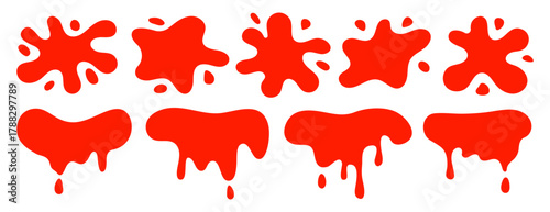 Set of red splatter sauce blob, paint, blood splatters vector illustration