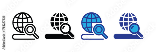 Set of four icons representing search and global network connectivity