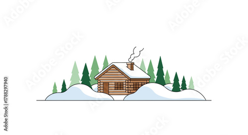 Cozy wooden log cabin nestled among snow covered pine trees with smoke gently rising from the chimney