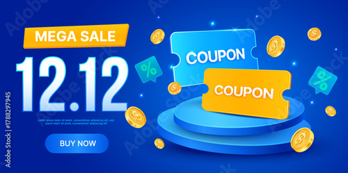 Mega sale 12.12 promotion banner with blue and yellow coupon tickets on a podium, gold coins, and percentage icons on a bright blue background. December 12 gift voucher banner template in 3d vector