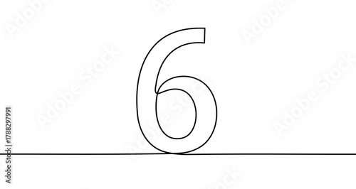 Number "6" in one line art style. Drawing of the digit six with editable black stroke on a white background. Vector illustration.