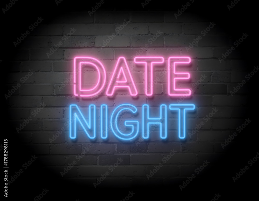Obraz premium Vibrant neon 'Date Night' sign illuminating a dark brick wall, creating a romantic and retro atmosphere perfect for evening outings and social gatherings, evoking nostalgia for 80s and 90s aesthetics