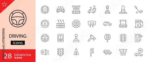 Driving icons set. Includes symbols of cars, steering wheels, roads, traffic signs, navigation, and driver safety. Editable stroke. Vector illustration. Outline icons. Perfect for transportation.