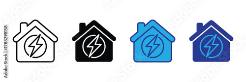 Set of four house icons with lightning bolt symbol inside