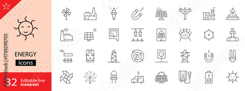 Energy icons set. Includes symbols of electricity, power plants, renewable energy, fuel, batteries, and energy efficiency. Editable stroke. Vector illustration. Outline icons. Perfect for industry. 