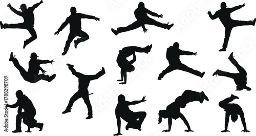 Breakdance silhouette vector illustration showing street dancers performing energetic hip hop moves, freestyle motion art, urban culture design for music and dance projects