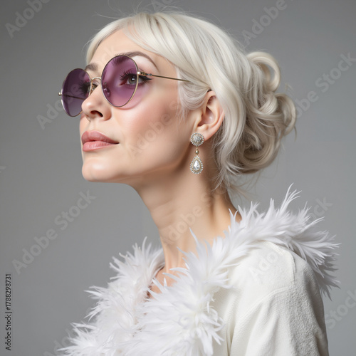 Stylish woman with blonde hair wearing purple sunglasses and earrings  