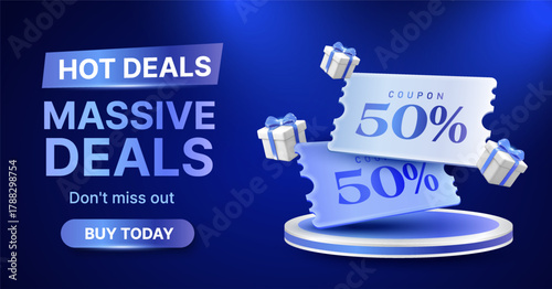 Blue promotional Hot Deals banner template with 50% discount coupons and gift boxes on podium or stage. 3d vector illustration. Vector illustration