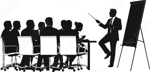 Business training meeting silhouette vector illustration, corporate manager giving presentation, professional teamwork education, leadership 