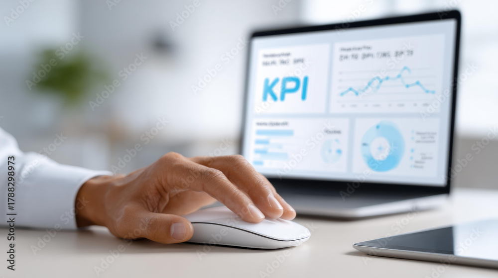 Focused businessman analyzing business data on kpi dashboard. Man using computer for performance analytics, tracking progress with key metrics on laptop screen