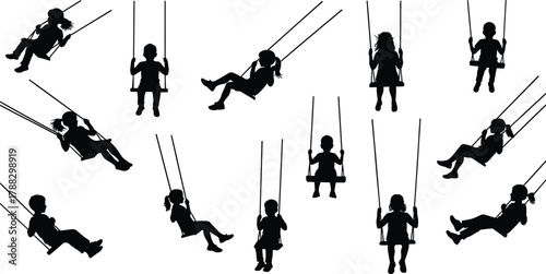 Children silhouette vector illustration on swings, playful kids swinging in motion, childhood joy, outdoor recreation, fun activity, happy park playground concept