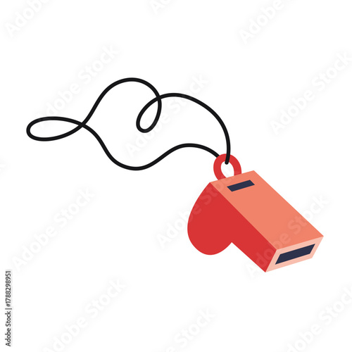Red referee whistle on cord, symbol of coaching and judging. Trendy modern vector illustration isolated on white background, hand drawn, flat design
