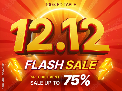 3d 12.12 flash sale banner template with December 12, thunder bolt icon, isolated on red background with light effect. Vector illustration