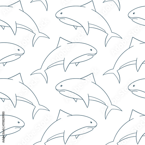 Seamless pattern of line art style shark swimming on a white background for marine and ocean themed design.
