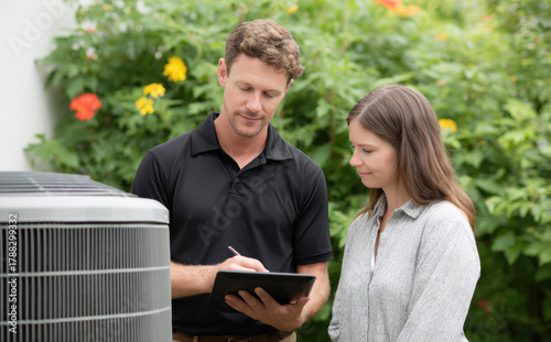Professional hvac man explaining repair service to female homeowner. focused air conditioner technician and attentive woman discuss unit inspection and maintenance outdoors