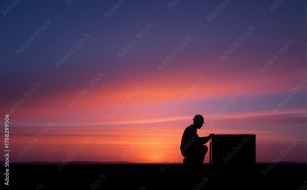 Obraz premium Silhouette of lonely man at sunset, technician in deep contemplation during repair. colorful twilight sky backlights pensive person working alone on an air conditioner