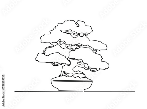Continuous line art drawing of bonsai tree in a pot. Beautiful bonsai tree art in single outline illustration.