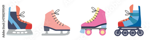 Set of ice skates and rollerblades for skating, sports, and recreation. Trendy modern vector illustration isolated on white background, hand drawn, flat design