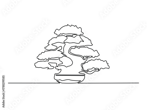 Continuous line art drawing of bonsai tree in a pot. Beautiful bonsai tree art in single outline illustration.