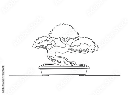 Continuous line art drawing of bonsai tree in a pot. Beautiful bonsai tree art in single outline illustration.