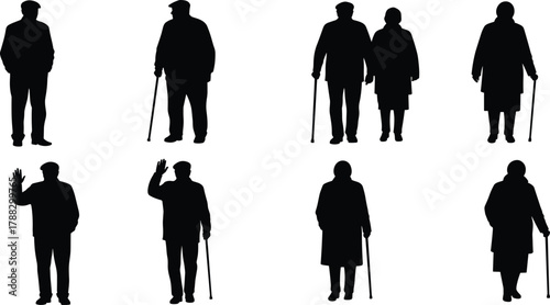 Elderly people silhouettes walking with cane, senior couple illustration, old man and woman vector design symbolizing aging, care, support, and companionship concept