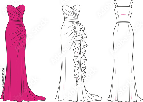 Elegant evening dress fashion design illustration, long gown collection with ruffles and pleats, formal wear vector sketch, modern women clothing concept