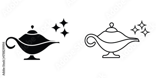 Genie magic lamp vector icon. Silhouette of Arabic Genie magic lamp symbol. Aladdin magic lamp icon.  Vector illustration.