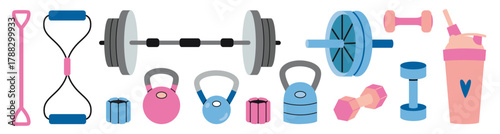 Fitness gear set with dumbbells, kettlebells, barbell, resistance bands and shaker bottle. Trendy modern vector illustration isolated on white background, hand drawn, flat design