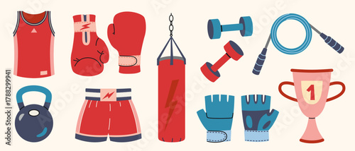 Boxing gear collection with gloves, punching bag, shorts, dumbbells, rope and trophy. Trendy modern vector illustration isolated on white background, hand drawn, flat design