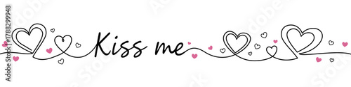 Decorative border with hearts and the text Kiss me. Romantic design with colored elements and editable black stroke. Vector illustration.