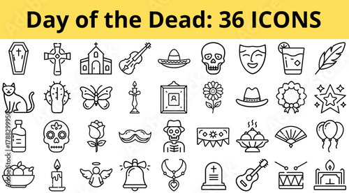 Day of the Dead icons collection featuring traditional symbols and themes  