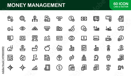 Minimal Money Management Icon Pack showing Budget Apps, Finance Tools, and Investment Dashboards
