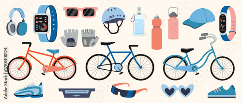 Bicycles and fitness gear with helmets, bottles and sunglasses. Active lifestyle and cycling concept. Trendy modern vector illustration isolated on white background, hand drawn, flat design