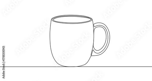 Voluminous rounded cup with a handle in one line art style. Drawing of dishware with editable black stroke on white background. Vector illustration.