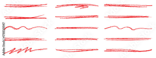 Red underline. Scribble marker or pencil strokes, scribble stroke pencil lines. Vector set of red hand drawn crayon underline marks and strokes with rough textured sketchy lines. Vector illustration.