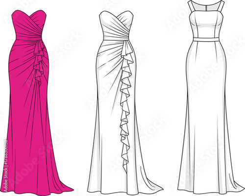 Elegant long evening gown vector illustration, formal dress fashion design template with ruffle details, strapless and sleeveless styles, technical flat clothing sketch