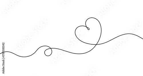 Large heart forming a wavy line in one line art style. Symbol of love with editable black stroke on white background. Vector illustration.