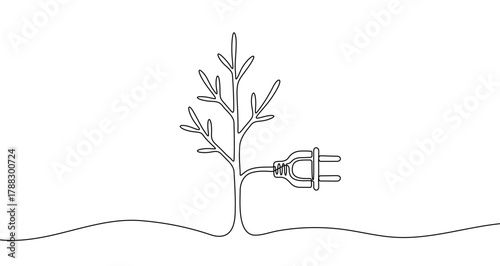 Tree with an electric plug growing out of it in one line art style. Symbol of green energy with editable black stroke. Vector illustration.