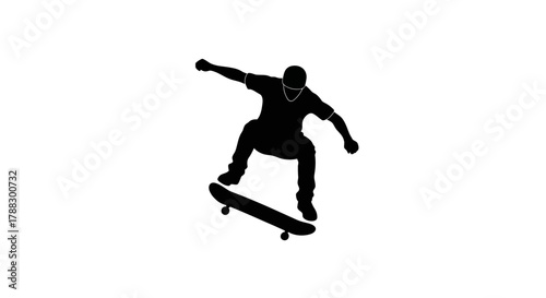 Skateboarder performing a trick silhouette against a white background