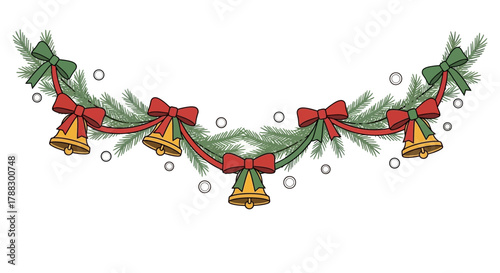 Festive christmas garland with pine branches red and green bows and golden bells adorned with small white circles