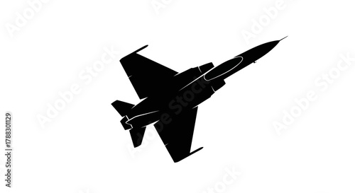 A silhouette of a military aircraft is shown angled upward against a white background