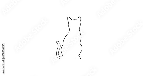 Sitting cat with a tail in one line art style. Symbol of a domestic pet and animal with editable black stroke. Vector illustration.