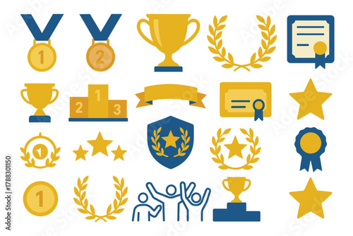 Awards, Medals, and Trophy Icons Set — Flat Vector Design