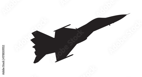Black silhouette of a military jet angled upwards against a white background