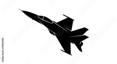A stark black silhouette of a military fighter jet angled upwards against a white background