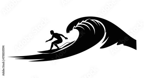 Silhouette of a surfer riding a large wave with detailed crest isolated on white