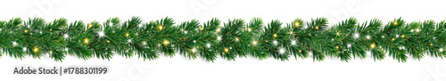 Seamless horizontal border of lush green fir branches with glowing lights and sparkles. Perfect festive decoration for banners and holiday cards. Transparent background in vector file.