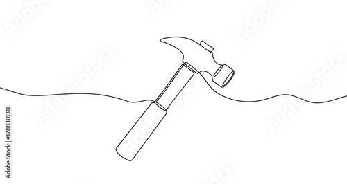 Classic claw hammer in one line art style. Drawing of a construction and repair tool with editable black stroke. Vector illustration.