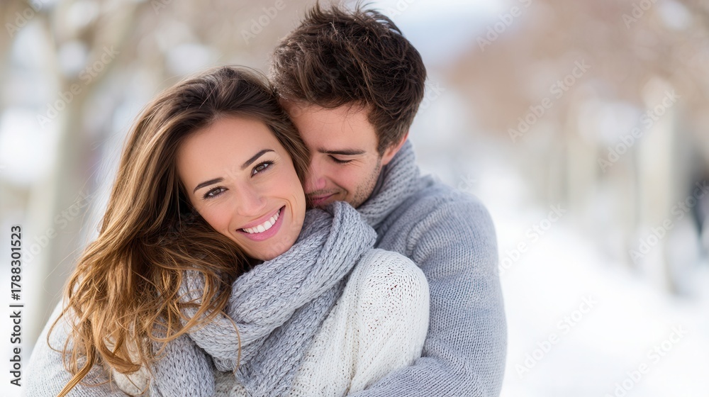 Fototapeta premium A happy couple enjoying a snowy day, wrapped in cozy scarves, radiating warmth and love in a winter setting.